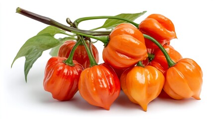 Vibrant cluster of fresh habanero peppers, fiery and full of flavor on white backdrop