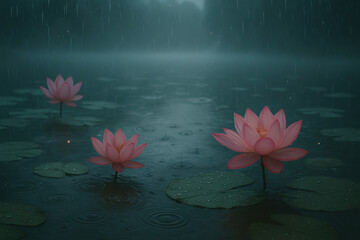 Pink lotus flowers blooming on dark misty lake with rippling rain and moody atmospheric lighting evoking peace and introspection