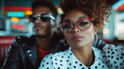 A stylish couple posing in a retro diner, exuding charisma and confidence with their fashionable attire and sunglasses, representing modern relationships and cultural nostalgia.
