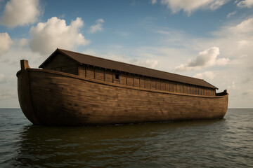 Large wooden ark floating on calm water under partly cloudy sky representing biblical Noah's Ark religious symbolism and ancient flood survival vessel