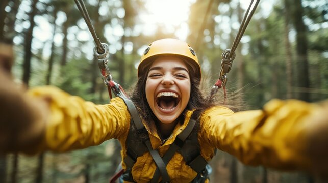 Capturing the exhilaration of a young woman zip-lining through a lush forest, expressing pure joy and adventure, showcasing the thrill of outdoor activities and nature's beauty. - Powered by Adobe