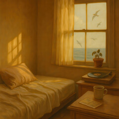 Warmly lit cozy bedroom interior with sunlight streaming through window facing ocean and birds flying outside symbolizing peace nostalgia and simple morning serenity

