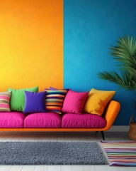 Vibrant Living Room Decor: A stylish fuchsia sofa adorned with colorful throw pillows sits against a bold orange and blue wall, creating a lively and energetic atmosphere.