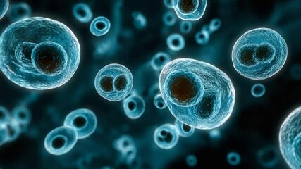 Animated rendering of cells dividing under a microscope observation background - Powered by Adobe