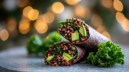Quinoa salad wrap with kale and avocado on a softly blurred corporate wellness event backdrop