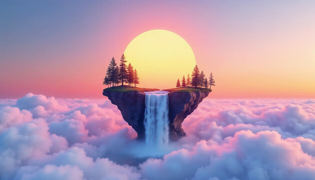 Surreal sunset landscape with floating island and waterfall. Dreamy island scene features majestic waterfall cascading into fluffy clouds. Idyllic sunset landscape for fantasy art, game design. - Powered by Adobe