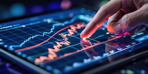 Close-up of a hand analyzing colorful stock market graphs on a touchscreen tablet, showcasing real-time trading, data analytics, and financial technology.