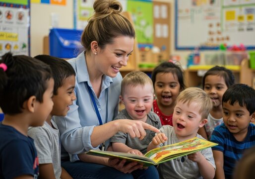A teacher shares a book with a group of diverse and happy children in a classroom.