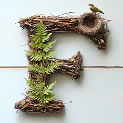 Letter F made of branches and ferns with bird nest