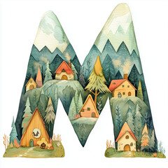 Letter M as mountains with gnome houses inside