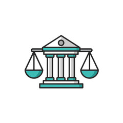 An illustration of a courthouse with scales of justice.