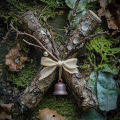 Letter X as crossed twigs with ribbon and bell