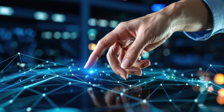 A human hand touches a glowing digital interface, visualizing data connections, futuristic technology, communication networks, and innovation concepts.
