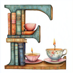 Letter E turned into bookshelf with books and tea cups
