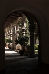Obraz premium Sunlight entering cloister with plants and stone columns