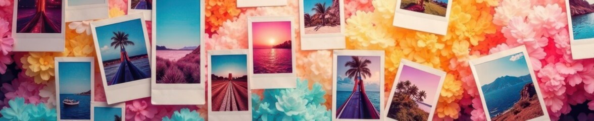 Randomly arranged polaroid photos forming a vibrant backdrop , retro, bright, memories