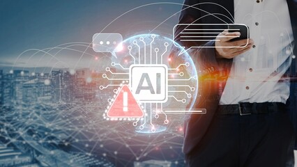 AI interface showing prompt error warning and system alert. AI prompt failure can lead to incorrect output or hallucination. Managing AI prompt error is crucial in safe AI deployment. Muxer