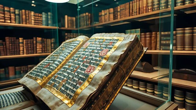 Ancient Illuminated Manuscript Displayed in Glass Case Inside Historic Library Surrounded by Antique Leather-Bound Books and Shelves

