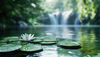 Serene Waterfall Pond with Lotus Flower