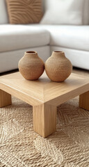 Natural Woven Vases on Light Wood Coffee Table