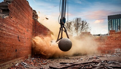 demolition ball swings powerfully through old brick wall sending debris flying in urban construction site