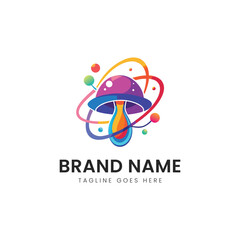 A colorful and modern logo depicting a mushroom surrounded by vibrant, swirling orbits, conveying creativity and innovation in a whimsical design.