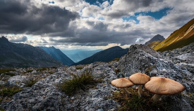 solitary mushrooms on rocky terrain under a dramatic cloudy mountain sky