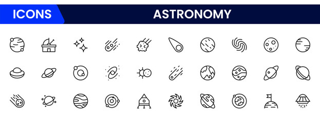 Celestial vector web line icons depicting astronomy, telescopes, stars, planets, and cosmic exploration for stellar scientific discovery.