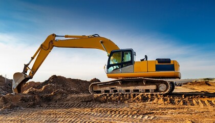 a banner image of an excavator vivid image of a yellow excavator amid earthworks under a clear sky