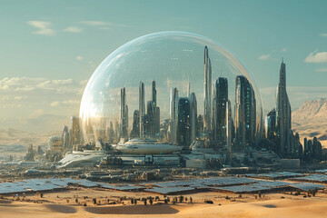 Futuristic Sci Fi City Under Transparent Dome in Alien Desert Environment with Illuminated Skyscrapers Generative AI