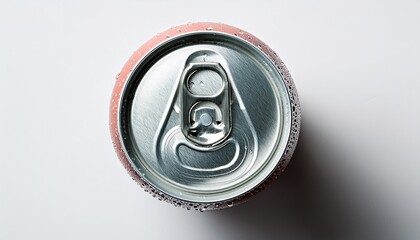 top view aluminum soda can with water drops white background