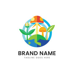 A vibrant and modern logo design featuring stylized mushrooms, plants, and earth elements, perfect for a nature-oriented brand or eco-friendly initiative.