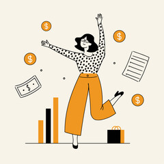 Happy business growth illustration excited woman jumping money success financial freedom