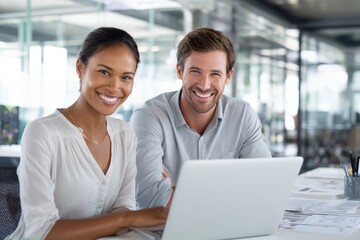 Obraz premium Two smiling colleagues, a woman and a man, work together at a laptop in a bright office.