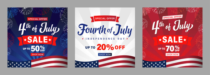 Set of banners with special offer SALE for 4th of July with flag and fireworks. Happy Fourth of July, Independence Day USA creative discount templates. Vector illustration