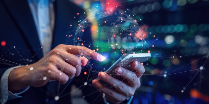 Businessman interacting with a digital globe on a smartphone, symbolizing global communication and network.