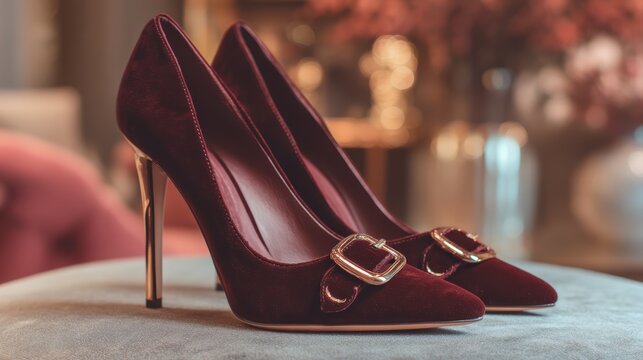 Sleek professional product photo of a pair of burgundy suede stiletto heels with metallic buckle on a softly blurred luxury boutique backdrop