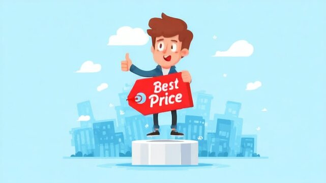 Animated character promotes best price guarantee with thumbs up and cityscape background
