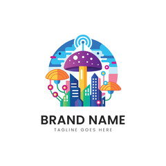 A vibrant, colorful logo featuring a mushroom and city skyline with abstract shapes, conveying a sense of creativity and innovation.