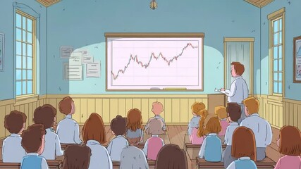 Engaging animation of a classroom scene with students learning about financial markets - Powered by Adobe