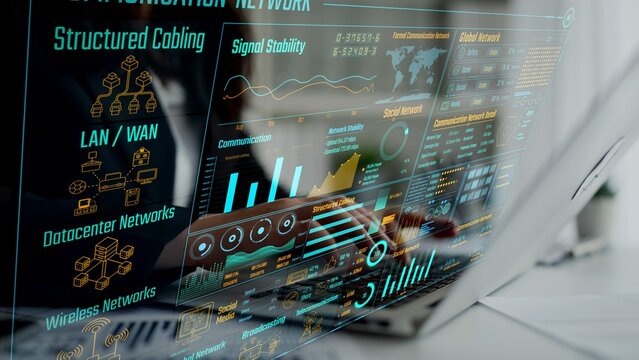 Data center monitoring dashboard visualize network performance, connection status, usage rate, and telecommunication insight. Data center monitoring efficiency improvement network transparency. Thunk