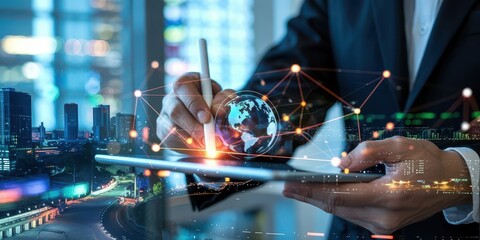 A businessman uses a stylus on a tablet, interacting with a holographic globe connected by a network of data points.