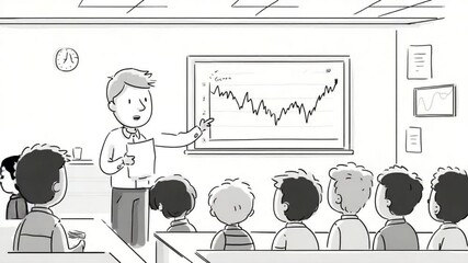 Animated economics teacher presents financial data to students in the classroom sketch - Powered by Adobe