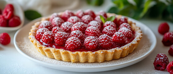 Fresh Raspberry Tart with Powdered Sugar on a White Plate