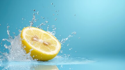 A stunning image depicting a vibrant lemon slice splashing into water, symbolizing freshness, zest, and natural vitality, perfect for evoking feelings of refreshment and health.