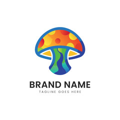 Colorful cartoon mushroom logo with vibrant hues of orange, blue, and green, showcasing a playful and imaginative design, perfect for brands in creativity or eco-friendly sectors.