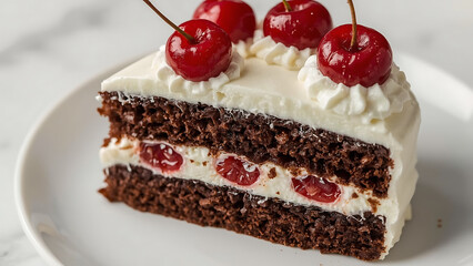 Black forest cake with chocolate and cherries on a white plate. Perfect for bakery menus, dessert recipes, and food blogs.