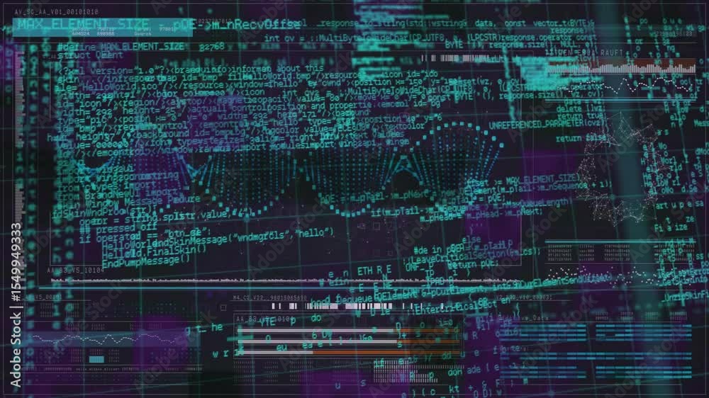 Poster purple grid initiating teal helix pulsing and glitching while code streams animating data cycle