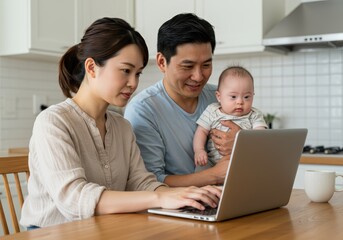 An asian family enjoys quality time while using a laptop together in their kitchen at home.