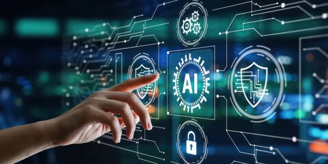 A hand interacts with a futuristic digital interface featuring AI, cybersecurity, and automation icons. A concept for modern technology and innovation.